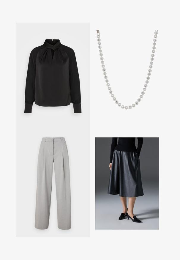 Must must blouse kõrge kaelusega, plisseeritud detailidega kaeluses ja pikkade varrukatega, millel on kitsad mansetid. Sile tekstuur, minimalistlik disain.; Heledhalli laiad püksid voldikutega, nupukinnise ja pehme kangatekstuuriga. Sirged jalad kitsenevad veidi allääres.; Mustmustest mustsari mustmust mustmust; sisaldab vöökohta ja küljetaskuid. Kombineeritud läikivate mustade kontsakingadega.; Hõbe kaelakee, millel on ümmargused, selged vääriskivid, mis on paigutatud ringikujulisse disaini, vaheldumisi dekoratiivsete metallaktsentidega, sile tekstuur.