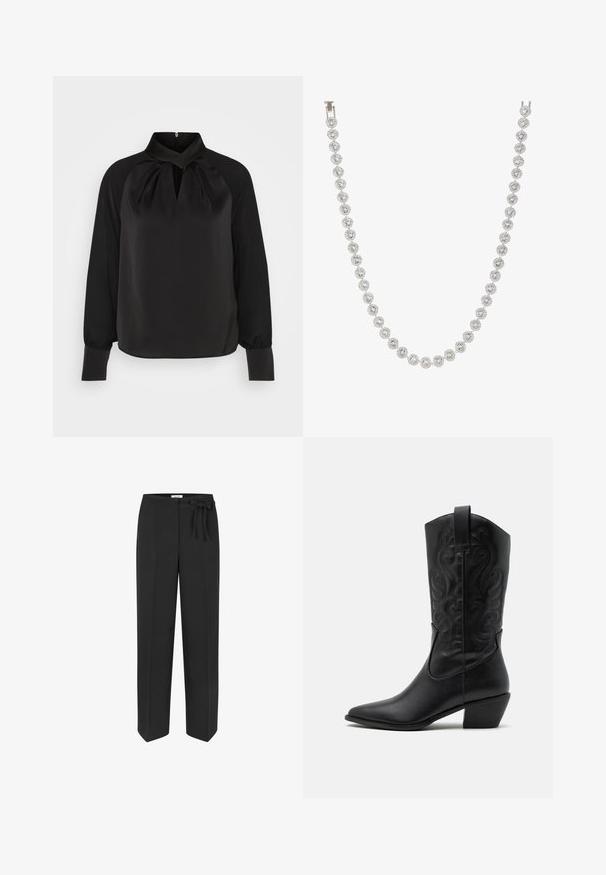 Blusa nera in satin con colletto alto, dettagli plissettati sul collo e maniche lunghe con polsini aderenti. Texture liscia, design minimalista.; Pantaloni neri a vita alta con dettaglio della cintura da annodare. Realizzati in tessuto liscio, presentano una vestibilità dritta e due tasche frontali.; Stivale da cowboy in pelle nera con punta affusolata, motivi ondulati in rilievo e tacco di altezza media. Dotato di un pratico passante per indossarlo facilmente.; Collana d'argento con gemme rotonde e trasparenti incastonate in un design circolare, alternate a dettagli metalliche decorative, texture liscia.