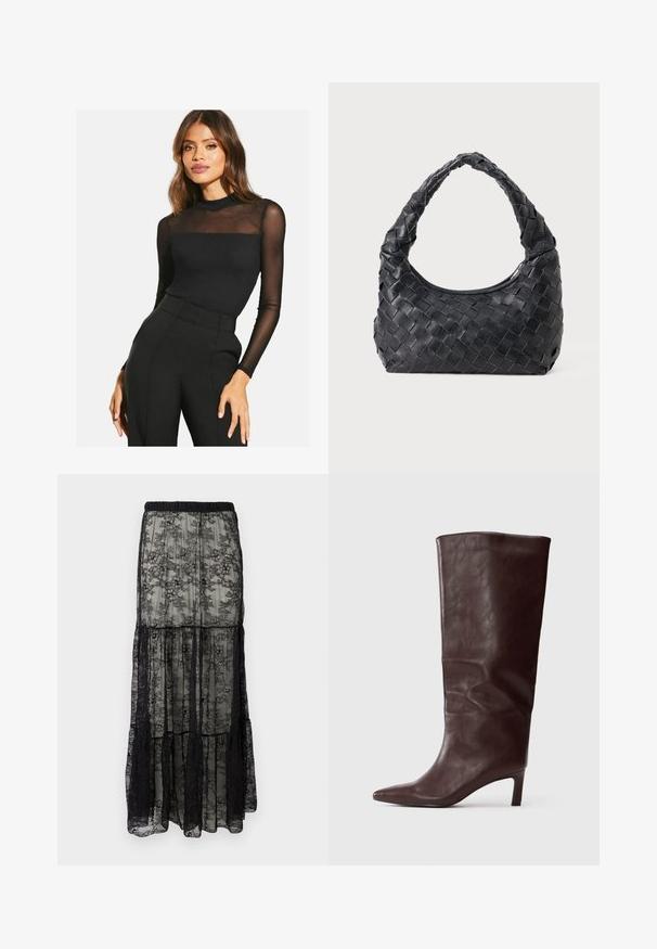 Fekete, hosszú ujjú felső bordázott textúrával és áttetsző hálós részletekkel a vállaknál. Magas derekú fekete nadrággal párosítva.; Fekete csipke maxi szoknya, réteges kivitelben, elasztikus derékkal és virágmintákkal. Az anyag áttetsző és puha tapintású.; Magas, sötétbarna bőr csizma hegyes orral és karcsú, közepes magasságú sarokkal, sima fehér háttérrel.; Fekete bőr, fonott válltáska lekerekített fogantyúval és hold alakú testéval egyszínű háttéren.