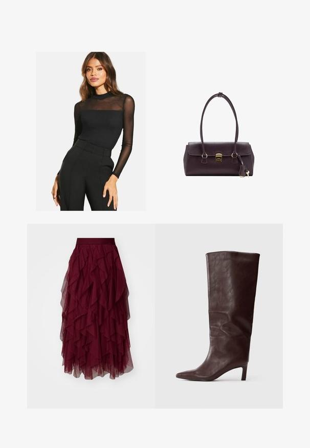 Čierny top s dlhým rukávom a ribovanou textúrou s priesvitným sieťovaním na pleciach. V kombinácii s čiernymi nohavicami s vysokým pásom.; Burgundská tylová sukňa s viacerými vrstvenými volánmi, širokým pásom a splývavým strihom. Ľahká textúrovaná látka zvyšuje pohyb.; Vysoká tmavohnedá kožená čižma s špicatou špičkou a štíhlým stredne vysokým podpätkom na jednofarebnom bielom pozadí.; Bordo kožená kabelka so štruktúrovaným dizajnom, krátkymi rukoväťami, zlatým obdĺžnikovým uzáverom a odnímateľnou strapcovou dekoráciou.