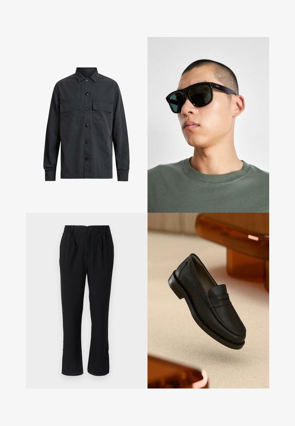 Schwarzes Hemd mit langen Ärmeln, zwei Brusttaschen, einem klassischen Kragen und einer glatten, matten Textur. Die Knöpfe sind schwarz.; Schwarze, leichte Hosen mit elastischem Bund und Knopfverschluss, mit geradem Beinschnitt und minimalistischer Gestaltung.; Schwarzer Lederloafer mit strukturierter Oberfläche, einer abgesteppten Naht und Gummisohle. Auf einer hellen Fläche liegend.; Schwarze rechteckige Sonnenbrille mit dunklen Gläsern, die eine markante Form und eine Markierung am Bügel aufweist. Getragen von einer Person in einem grünen Hemd.