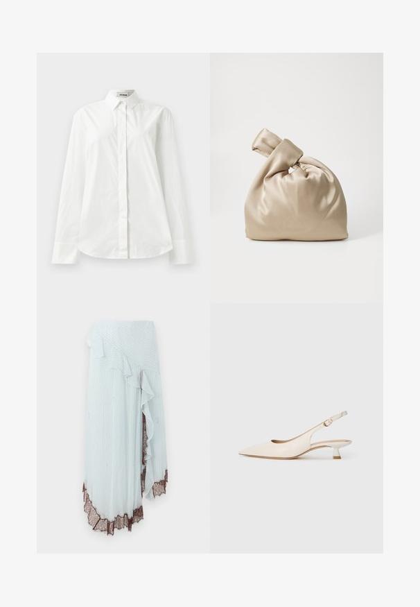Biela bavlnená košeľa s dlhým rukávom, s špicatým golierom, zapínaním na gombíky a zakulateným lemom. Hladká textura, bežný strih a bez vzorov.; Svetlomodrá obálková sukňa s vertikálnymi bielymi pruhmi, so zvlneným okrajom a zložitou hnedou čipkovou ozdobou na leme.; Krémová lodička s špicatou špičkou a nízkým jemným podpätkom so zlatou sponou na jednoduchom bielom pozadí.; Bežová saténová taška s uzlom na vrchu, s jemnou, hladkou textúrou a zaobleným tvarom, navrhnutá tak, aby bola jednoduchá a elegantná.