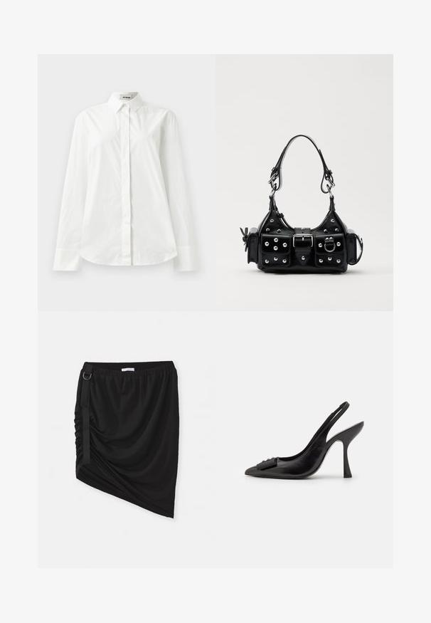 Bílá bavlněná košile s dlouhým rukávem, špičatým límcem, zapínáním na knoflíky vpředu a zaobleným lemem. Hladká textura, klasický střih a žádné vzory.; Černá řasená sukně vyrobená z měkké tkaniny, s asymetrickým lemem a bočním popruhem s kovovým kroužkem.; Černá kožená slingback obuv se špičatou špičkou, úzkým vysokým podpatkem a dekorativním mašličkovým prvkem. Hladká textura a elegantní design.; Černá kožená kabelka s křivkovým designem, zdobená stříbrnými hřebíky, s přezkou a dvěma bočními kapsami. Nastavitelný popruh pro různé možnosti nošení.