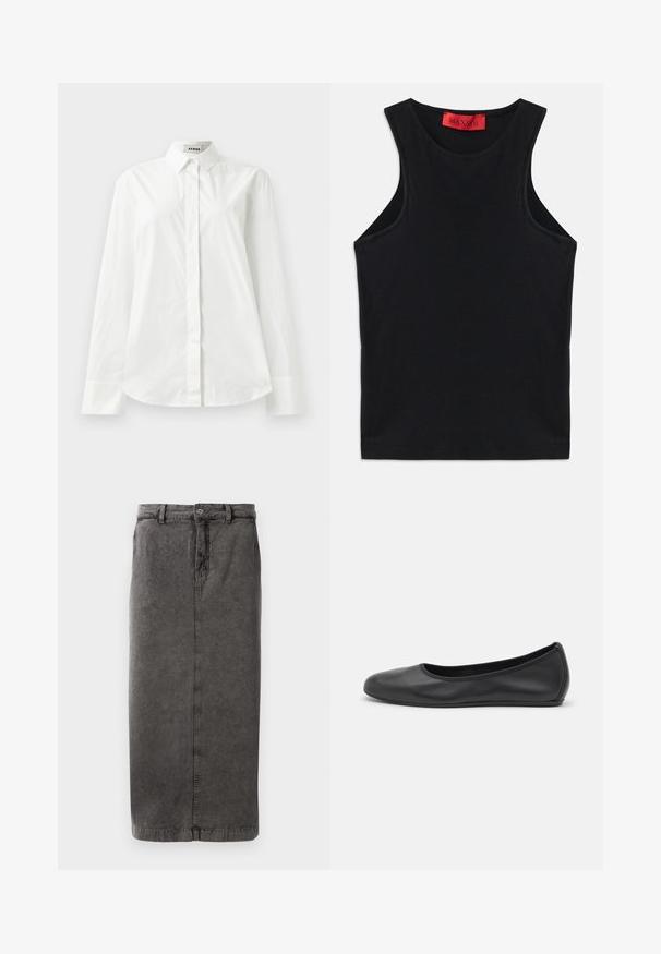 Camisa de algodón blanca de manga larga con collar puntiagudo, cierre frontal de botones y dobladillo redondeado. Textura suave, corte regular y sin patrones.; Top sin mangas negro hecho de algodón suave. Presenta un escote redondo y un dobladillo estándar. Diseño simple, sin patrones ni acentos visibles.; Falda gris de mezcla de algodón con una silueta recta, cierre de botón y cremallera, trabillas para cinturón y un único bolsillo trasero.; Bailarina de piel negra con punta redondeada, textura suave, detalle de costura minimalista y diseño de suela flexible.