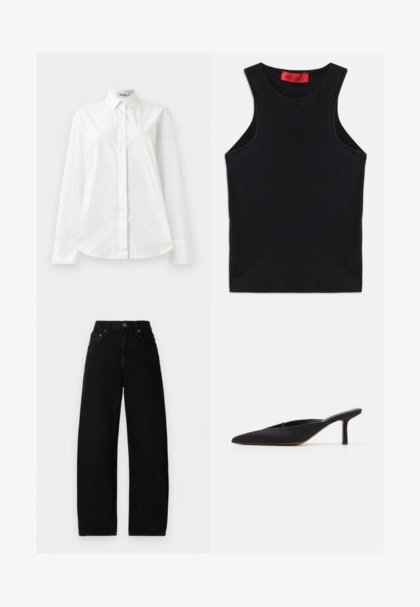 Witte katoenen blouse met lange mouwen, een puntkraag, knoopsluiting aan de voorkant en een afgeronde zoom. Gladde textuur, normale pasvorm en geen patronen.; Zwarte mouwloze top van zachte katoen. Heeft een ronde halslijn en een standaard zoom. Eenvoudig ontwerp, geen zichtbare patronen of accenten.; Zwarte denim broek met wijde pijpen en hoge taille, met een sluiting aan de voorkant met knoop, zakken en een gladde, matte textuur.; Zwarte muiltje met spitse neus en een strak ontwerp, gemaakt van gladde stof, met een slanke hak en open achterkant voor gemakkelijk aan- en uittrekken.