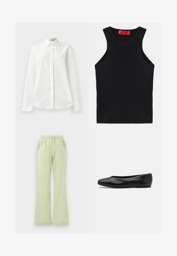 White cotton long-sleeve shirt with a pointed collar, button-front closure, and rounded hem. Smooth texture, regular fit, and no patterns.; Black sleeveless top made from soft cotton. Features a round neckline and standard hem. Simple design, no visible patterns or accents.; Light green, loose-fit pants with an elastic waistband and drawstring. Features floral embroidery on the front and a pink hem detail.; Paul Smith TOPANGA - Ballet pumps - black