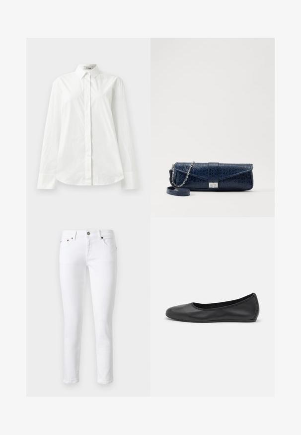 Bílá bavlněná košile s dlouhým rukávem, špičatým límcem, zapínáním na knoflíky vpředu a zaobleným lemem. Hladká textura, klasický střih a žádné vzory.; Bílé džíny z denimu s přiléhavým střihem, designem s pěti kapsami, zapínáním na knoflík a jemnými švy na předních a zadních kapsách.; Černé kožené baletní byty s kulatou špičkou, hladkou texturou, minimálními švy a flexibilním designem podrážky.; Námořnická modrá kožená kabelka s krokodýlí texturou, stříbrným řetízkovým popruhem a kovovým zapínáním. Obdélníkový tvar s překlápěcím designem.