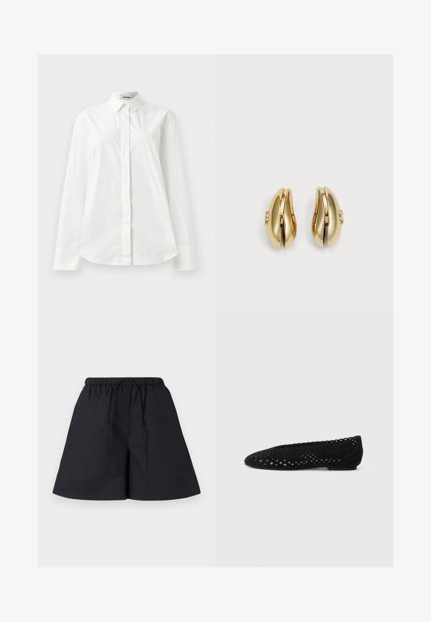 Valkoinen puuvillainen pitkähihaisessa paidassa on terävä kaulus, napitus edessä ja pyöristetty helma. Sujuva tekstuuri, normaali istuvuus ja ei kuvioita.; By Malene Birger FEION - Shortsit - black; Mustat balettikengät, jotka on valmistettu rei'itetystä mokasta, pyöreällä varvolla ja laineilevilla reunoilla. Tasapohja, jossa on hienovaraisia yksityiskohtia pinnalla.; Korvatekniikalla muotoillut kultasävytteiset korvakorut. Jokaisessa korvakorussa on sileäpintainen pinta ja pieni lukko, jossa on koristeellinen yksityiskohta.