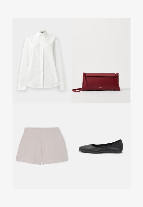 White cotton long-sleeve shirt with a pointed collar, button-front closure, and rounded hem. Smooth texture, regular fit, and no patterns.; Elastic waist beige cotton shorts with a textured finish, featuring a straight cut and no visible pockets or detailing.; Black leather ballet flat with a rounded toe, smooth texture, minimal stitching detail, and a flexible sole design.; Red leather clutch bag with a textured finish, featuring a flat fold-over top and a short strap. Subtle brand logo on the front.