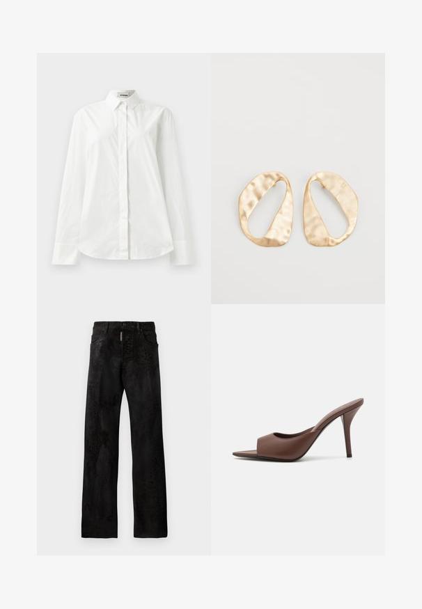 Cămașă albă din bumbac cu mâneci lungi, guler ascuțit, închidere cu nasturi în față și tiv rotunjit. Textură netedă, croială standard și fără modele.; Jeanși negri din denim cu croială dreaptă, având un model subtil de imprimeu animal, cinci buzunare și închidere cu nasture.; Mule-uri din piele maro, cu vârf deschis și toc înalt, cu un design elegant, având o curea frontală lată și un toc subțire de tip stiletto.; O pereche de cercei din metal de culoare aurie, cu formă ovală neregulată, având o suprafață texturată, ușor ciocănită, pe un fundal alb.
