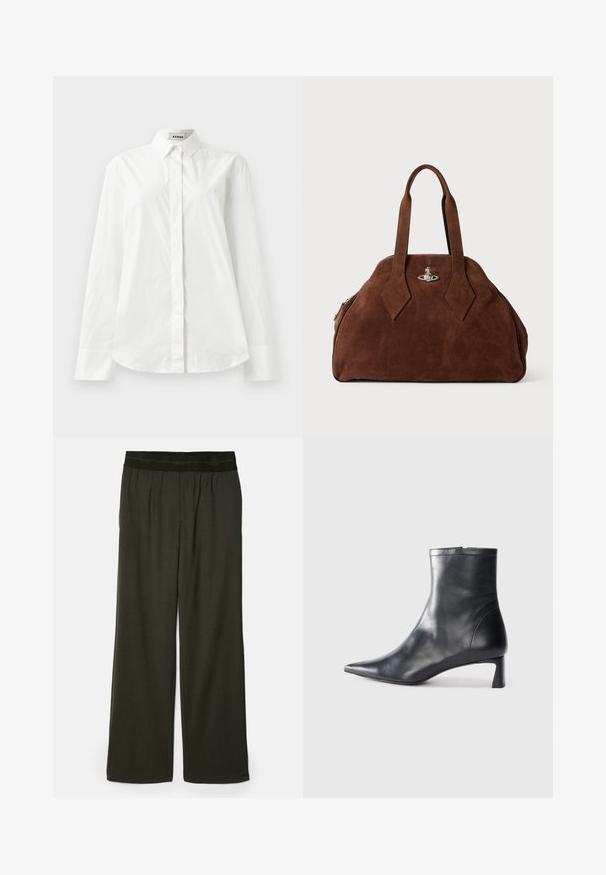 Valge puuvillane pikkade varrukatega särk terava krae, nööbiga esise sulgemise ja ümarate äärtega. Sile tekstuur, regulaarne lõike ja ilma mustriteta.; Tumed roheline laiade jalgadega püksid, siledast materjalist, elastse vöökohaga ning ilma nähtavate mustrite või aktsentideta.; Mustad mustall nahkasaabas terava nina ja stiilse disainiga. Omab madalat konts ja luku sulgemist taga. Sile tekstuur.; Pruun nahast käekott, millel on struktureeritud kuju, ümar keha ja piklikud rombikujulised käepidemed. Varustatud hõbedase riistvaraga lukuga.