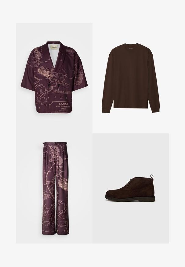 Blazer à manches courtes en bordeaux profond avec un imprimé carte de Lagos. Présente un col cranté, une fermeture à double bouton et une texture de tissu lisse.; T-shirt marron à manches longues en tissu doux, avec un col rond et une coupe décontractée, des poignets et un ourlet côtelés. Aucun graphisme ni motif.; Pantalons évasés violets avec un imprimé de carte dans une teinte plus claire. Fabriqués en tissu lisse, dotés de plis et d'une taille élastique.; Bottines en daim marron avec un bout arrondi, dotées de lacets et d'une languette à l'arrière, montées sur une semelle en caoutchouc avec une surface texturée.