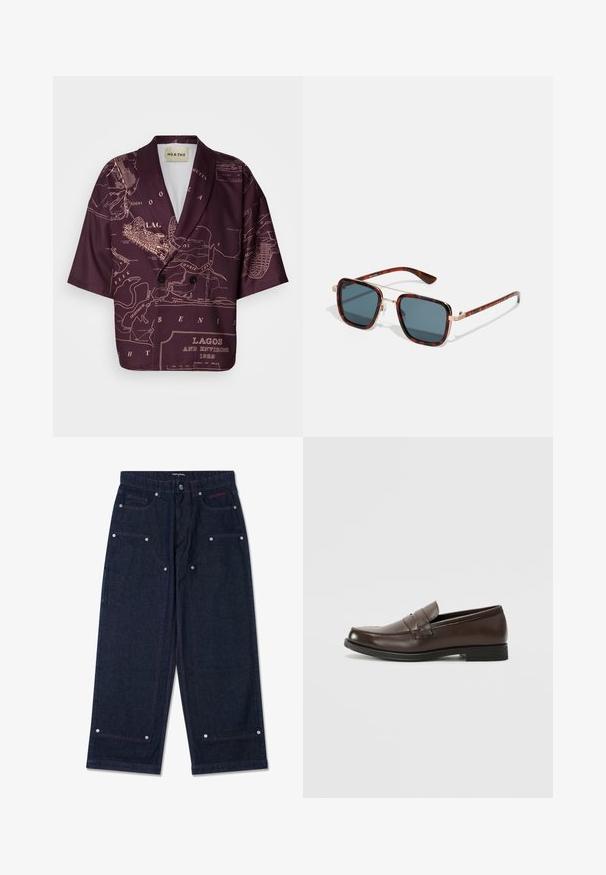 Sako kratkih rukava u tamno burgundnoj boji s uzorkom karte Lagosa. Ima ovratnik s izrezom, dvostruko dugme i glatku teksturu tkanine.; Dugmadna dugosleeve smeđa majica od mekanog materijala, s okruglim izrezom i opuštenim krojem, s rebrastim manžetama i rubom. Bez grafikona ili uzoraka.; Tamne široke hlače od tamnog trapera s dva prednja džepa, detaljima od srebrnog hardvera i kontrastnim crvenim šavovima. Sadrže kopčanje na dugme i logotip brenda.; Smeđi kožni mokasina s zaobljenim vrhom, dekorativnim šavovima i malom ravnom petom. Glatka tekstura s suptilnim dizajnerskim elementima.; Tortoiseshell naočale sa tamnosivim sočivima, kvadratnog oblika, zlatnim metalnim akcentima i tankim okovima sa karakterističnim prugastim detaljima.