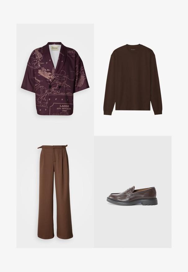 Blazer à manches courtes en bordeaux profond avec un imprimé carte de Lagos. Présente un col cranté, une fermeture à double bouton et une texture de tissu lisse.; T-shirt marron à manches longues en tissu doux, avec un col rond et une coupe décontractée, des poignets et un ourlet côtelés. Aucun graphisme ni motif.; Pantalons évasés en marron, fabriqués à partir d'un tissu doux. Dotés d'une taille haute avec des plis et des nouettes sur les côtés, offrant une coupe décontractée et une texture lisse.; Mocassins en cuir marron avec une finition lisse, bout rond, couture minimaliste et une épaisse semelle en caoutchouc noir. Aucun matériel ou accent visible.