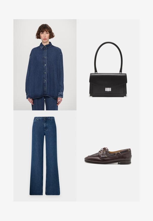 Sininen farkkuraidallinen ylisuuri paita, jossa on kaulus, etupainonapit ja pitkät hihat. Ominaisuutena rento istuvuus ja hienovaraisesti haalistunut pinta.; Siniset farkut, joissa on leveä lahje ja korkea vyötärö, viisi taskua ja metallinappikiinnitys. Sujuva materiaali, rento tyyli ja minimaalinen ommel.; Ruske nahkasiinaga, millel on struktureeritud disain, kuldsed silmad ja paelad. Omab madalat kontsa ja detailset õmblust vöö vahel.; Mustassa nahka-salkku, jossa on selkeä muotoilu, yläkahva ja hopeinen hakasuljin. Sisältää kulma-elementtejä ja sileän pinnan.