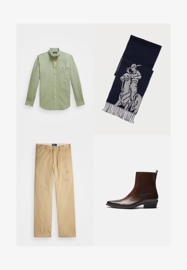 Gaiši zaļš krekls ar garām piedurknēm, ar norādītu apkakli, mazu izšūtu logotipu krūtīs un pērļu pogām.; Beige kokvilnas bikses ar taisnu piegriezumu. Iezīmēts ar izsistiem laukumiem un izšuvumiem priekšpusē. Klasiska pogu un rāvējslēdzēja aizdare.; Brūnas ādas potītes zābaki ar izteiktu purngalu, elastīgām sānu paneļiem, teksturētu apdari priekšpusē un zemu sakrautām papēžiem.; Tumši zils šalle ar pelēku grafiku, kurā attēlots polo spēlētājs uz zirga, ar frizētām malām.