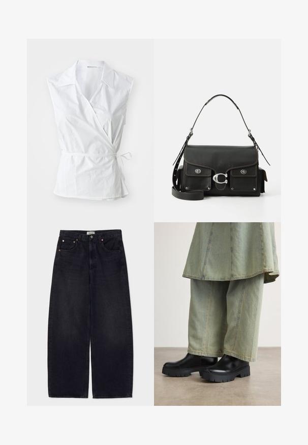 Valge ilma varrukateta mähistop, mis on valmistatud puuvillast. Omab teravat kraed, külgjõu detaile ja veidi lõtvuvat istuvust, mis koguneb vahelt.; Laiad mustad denimi teksad hõbedaste nuppudega, kahe esikoti ja sileda tekstuuriga. Puhtas disainis on sirge lõige.; Mustad mustad kingad paksude tekstureeritud talladega, millele on sobitatud laiad heledast rohelisest denimist püksid kontrastsete õmblustega.; Mustas nahast käekott klappkinnitusega, hõbedane riistvara, kaks esist pocketit, kontrastne õmblus ja eemaldatav õlavarre rihm.; Hõbedane Casio kvarts kell, millel on ristkülikuline nägu, analoog- ja digitablood, roostevabast terasest rihm ning veekindlad omadused.