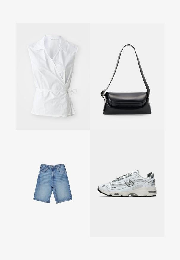 Biela bezrukávová zabalovacia blúzka vyrobená z bavlny. Má špicatý golier, detail na bočnom viazaní a mierne voľný strih, ktorý sa zbieha v páse.; Džínsové šortky vo svetlom modrom odtieni s klasickým päťvreckovým dizajnom, zipsom a jemným vyblednutím. Rovný strih s ohnutým lemom.; Biele športové tenisky s čiernymi akcentmi, sieťovinou a syntetickými materiálmi, vlnový dizajn, polstrovaný golier a gumová podrážka s čiernym dezénom.; Čierna kožená kabelka so štruktúrovaným tvarom, hladkou textúrou a jedným ramenným popruhom. Obsahuje jemný, zaoblený dizajn klapky.; Strieborné quartz hodinky Casio s obdĺžnikovým ciferníkom, analógovým a digitálnym zobrazením, nerezovým remienkom a vodoodolnými vlastnosťami.