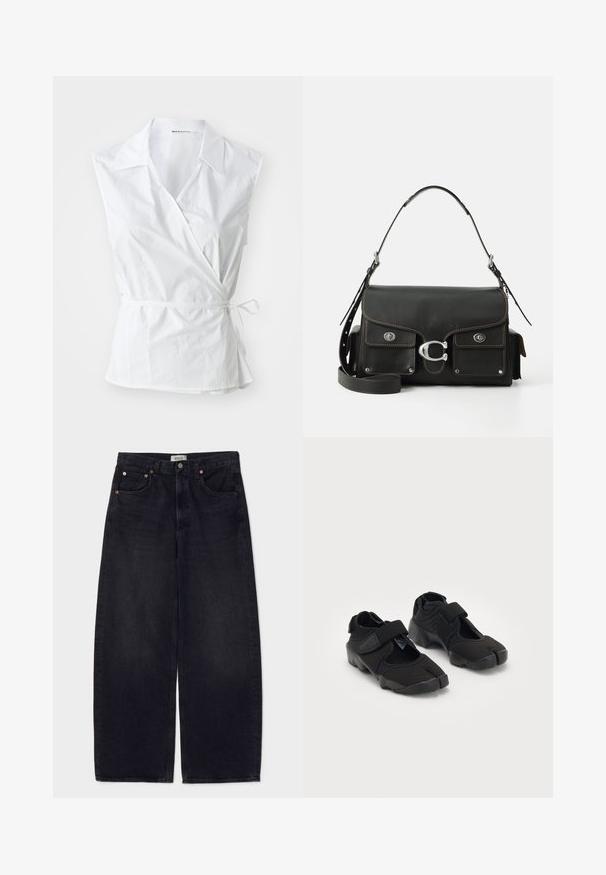 Weißes ärmelloses Wickeloberteil aus Baumwolle. Verfügt über einen spitzen Kragen, eine seitliche Bindung und eine leicht lockere Passform, die sich an der Taille sammelt.; Schwarze Jeans mit weitem Bein aus Denim, mit kupferfarbenen Knöpfen, zwei Fronttaschen und einer glatten Textur. Sauberes Design mit geradem Schnitt.; Schwarze Wasserschuhe aus flexiblem Stoff mit einem Klettverschluss, ausgestattet mit einem einzigartigen Zehentrenndesign und einer strukturierten Gummisohle für besseren Halt.; Schwarze lederne Handtasche mit Klappenverschluss, silbernen Beschlägen, zwei Vordertaschen, kontrastierenden Nähten und einem abnehmbaren Schultergurt.; Silberne Casio Quarzuhr mit rechteckigem Ziffernblatt, analogem und digitalem Display, Edelstahlarmband und wasserdichten Eigenschaften.