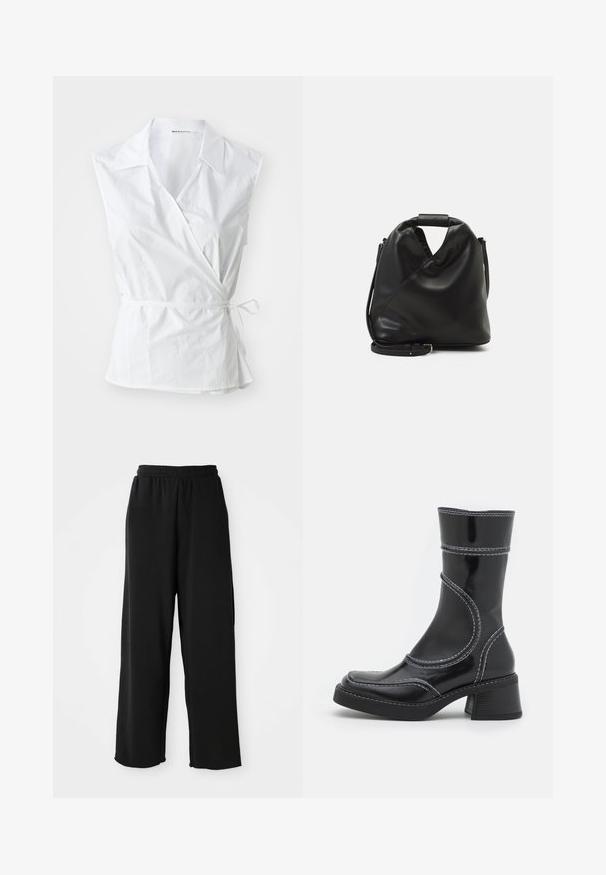 Bela brezrokavna zavita majica iz bombaža. Ima usnjeni ovratnik, podrobnost z bočnim vezanjem in rahlo ohlapen kroj, ki se na pasu nabira.; Črne široke hlače iz mehkega blaga, z elastičnim pasom in brez vidnih žepov. Gladka tekstura in sproščen kroj.; Črne lakirane gležnjarje z belim šivom, okroglo konico in blok peto. Imajo ukrivljene oblikovne črte in gladko teksturo.; Črna, mehka usnjena torba z edinstveno zasnovo z vrtenjem. Ima kratek ročaj in snemljiv ramenski trak. Minimalističen slog.