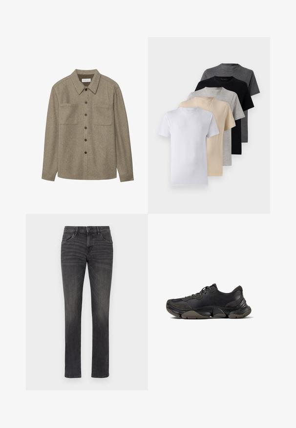 Hnedá vlnená košeľa s gombíkmi a špicatým golierom, dvoma náprsníkovými vreckami a čiernymi gombíkmi. Hladká textúra s uvoľneným strihom.; Sada piatich tričiek s krátkym rukávom v bielej, béžovej, svetlošedej, tmavošedej a čiernej farbe. Vyrobené z hladkej bavlny, s dizajnom okrúhleho výstrihu.; Sivé džínsy s rovnými nohavicami, so štýlovým piatimi vreckami a diskrétnym zužovaním na prednej strane. Obsahujú zapínanie na gombík a pútka na opasok.; Čierne atletické tenisky s textúrovanou podrážkou, koženým a semišovým zvrškom, vypchatým golierom a šnurovaním, zobrazené z bočného profilu.