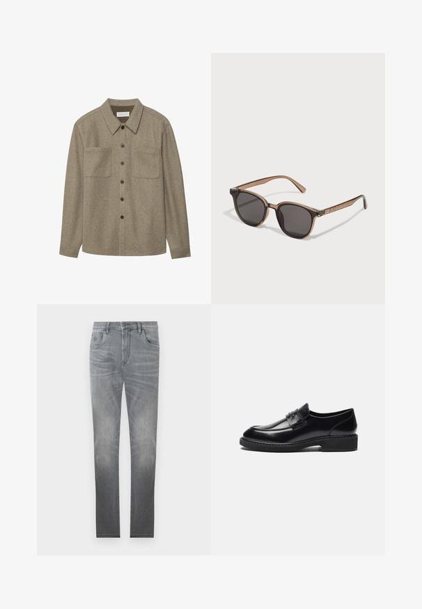 Camicia button-up in lana marrone con colletto a punta, due tasche sul petto e bottoni neri. Tessuto morbido con una vestibilità rilassata.; Set di cinque t-shirt a manica corta in bianco, beige, grigio chiaro, grigio scuro e nero. Realizzate in cotone morbido, con design a girocollo.; Jeans in denim grigio con un design sbiadito, stile a cinque tasche, chiusura con bottone e gamba dritta. Texture liscia con lievi segni di usura ai bordi.; Zign LEATHER - Mocassini eleganti - black; Occhiali da sole in plastica marrone con lenti scure, forma arrotondata e bracci affusolati. Decorazione notevole sulle tempie.