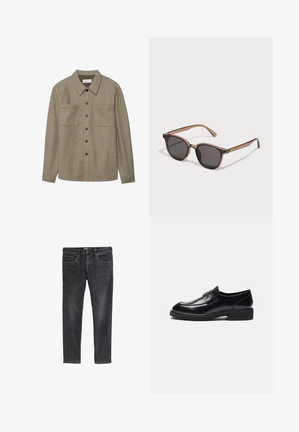 Hnedá vlnená košeľa s gombíkmi a špicatým golierom, dvoma náprsníkovými vreckami a čiernymi gombíkmi. Hladká textúra s uvoľneným strihom.; Štíhle čierne džíny z denimu s vyblednutým vzhľadom, päť vreciek, pútka na opasok a jemné švy pozdĺž švov.; Zign LEATHER - Elegantné našuchovačky - black; Hnedé plastové slnečné okuliare s tmavými šošovkami, zaobleným tvarom a zužujúcimi sa ramenami. Výrazná ozdoba na spánkoch.; Čierna športová taška s hrubými uchami a odnímateľným popruhom. Vyrobená z hladkej tkaniny, s uzatváraním na zips a minimalistickým dizajnom.