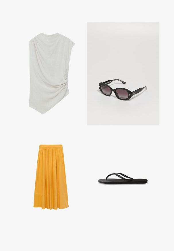 Top beige claro con escote redondeado, dobladillo asimétrico y detalle fruncido en un lado. Está hecho de una tela suave y texturizada.; Falda midi color mostaza, hecha de un tejido ligero, presenta una cintura fruncida y una silueta fluida con una textura suave y un brillo sutil.; Chanclas negras con suela de goma texturizada, dos tiras delgadas y un sutil detalle de logo en relieve en la tira.; Gafas de sol negras con lentes oscuros de degradado, forma ovalada, acabado brillante, con un logotipo prominente en el lateral y acentos plateados.; Bolso de cubo de paja trenzada con una correa de cuero marrón, que presenta una hoja verde y dos acentos de limón amarillos de ganchillo colgando de un lado.