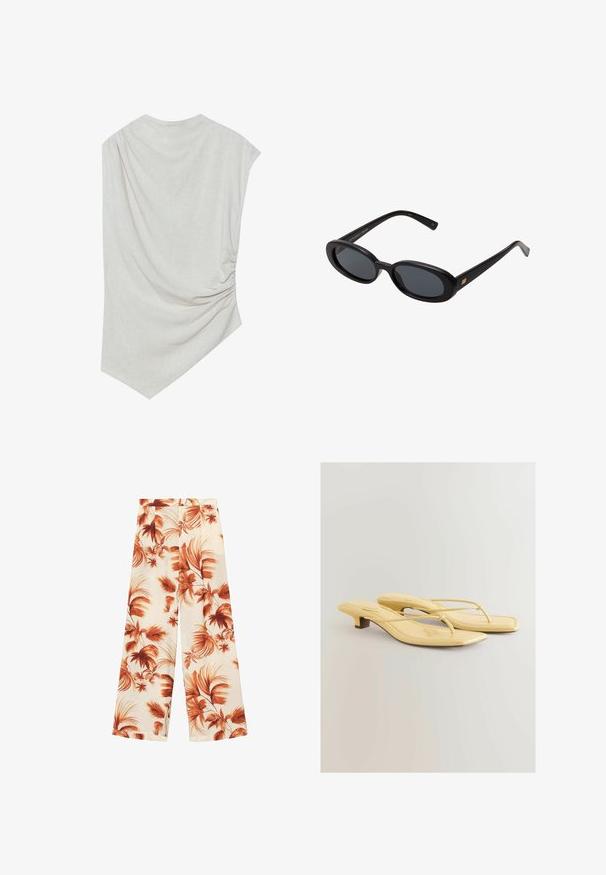 Top bej deschis, cu decolteu rotund, hem asimetric și detalii încrețite pe o parte. Fabricat dintr-un material moale, texturat.; Pantaloni largi dintr-un material ușor, având o bază albă crem cu modele mari de frunze de culoare cupru și o textură fină.; Flip-flops cu toc din piele patent galbenă, cu vârf ascuțit, curele subțiri și un toc mic tip bloc. Textura este netedă, cu accente de cusătură.; Ochelari de soare supradimensionați, cu lentile ovale, cadru din plastic neted și accente aurii pe brațe. Lentilele întunecate oferă protecție solară.