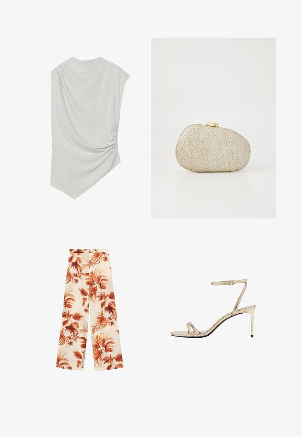 Light beige top with a rounded neckline, asymmetric hem, and gathered detailing on one side. Made of a soft, textured fabric.; Wide-leg trousers in a lightweight fabric, featuring an off-white base with large rust-colored leaf patterns and a smooth texture.; Gold metallic high-heeled sandal with a thin strap around the ankle, open toe, and slender cross straps. Glossy finish with black sole.; Metallic gold and silver textured clutch with a rounded shape and a smooth gold clasp. Features a woven design throughout.