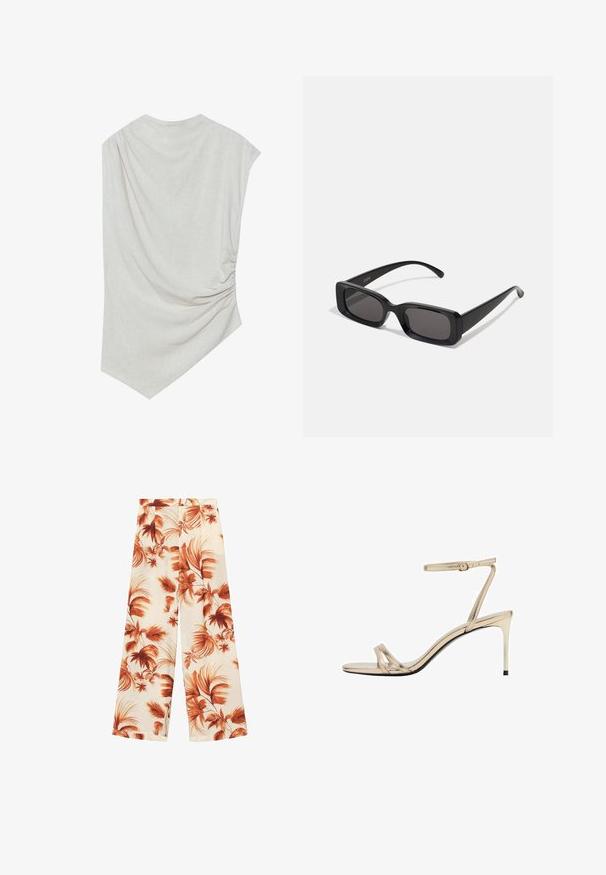 Top bej deschis, cu decolteu rotund, hem asimetric și detalii încrețite pe o parte. Fabricat dintr-un material moale, texturat.; Pantaloni largi dintr-un material ușor, având o bază albă crem cu modele mari de frunze de culoare cupru și o textură fină.; Sandale aurii metalice cu toc înalt, cu o curea subțire în jurul gleznei, vârf deschis și curele subțiri în cruce. Finisaj lucios cu talpă neagră.; Ochelari de soare negri, cu ramă rectangulară, lentile întunecate, finisaj lucios, brațe late și un design masiv. Numele mărcii gravat pe una dintre brațe.