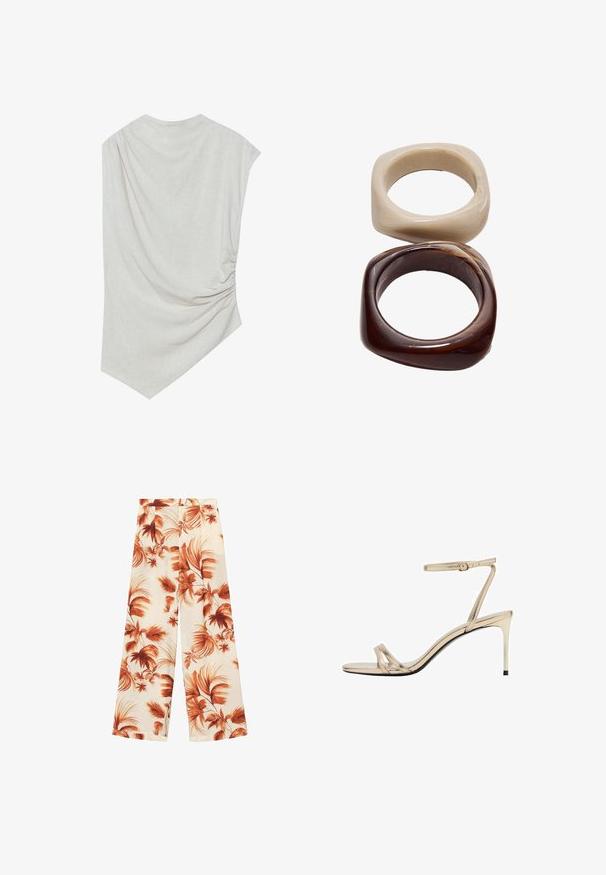 Vaaleanbeige ylle puettava paita, jossa on pyöreä pääntie, epäsymmetrinen helma ja rypytetty yksityiskohta yhdellä sivulla. Valmistettu pehmeästä, teksturoidusta kankaasta.; Lepakankaanhousut kevyestä kankaasta, joissa on off-white-pohja suurilla ruosteenvärisillä lehtikuvioilla ja sileä tekstuuri.; Kulta metallinen korkeakorkoinen sandaali, jossa on ohut hihna nilkan ympärillä, avonainen kärki ja hoikat ristihihnat. Kiiltävä pinta mustalla pohjalla.; Stradivarius SET - Rannekoru - dark brown