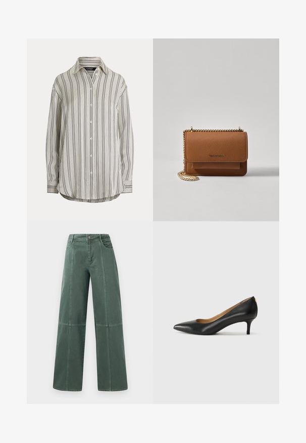 Knappe skjorte i lett stoff, med vertikale svarte og hvite striper, spiss krage, lange ermer og avrundet nederkant.; Bredde benbukser i mørkegrønn denim, med stitch-seam, fem lommer og en knappelukking i livet. Glatt tekstur og uformell design.; Sorte lærpumpe med spiss tå, lav hæl og en glatt tekstur. Har en liten åpning foran og minimalt med beslag bak.; Brun teksturert lær crossover-veske med gullkjede-stropp og klaffelukking. Fronten har logo-detalj og en lomme under klaffen.