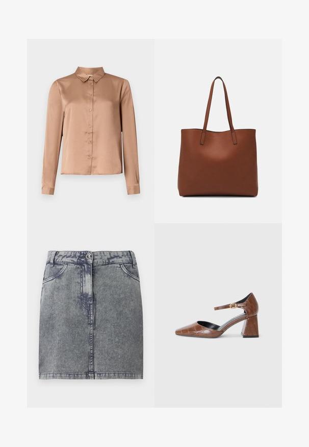 Gaišbrūna satīna blūze ar garām piedurknēm, kas piedāvā apkakles dekoltē, pogu priekšpusi un pieguļošu piegriezumu ar taisnu apakšmali.; Pelēka denim mini svārki ar izbalējušu krāsu, kas ir aprīkoti ar priekšējām kabatām, pogu aizdari un taisnu apakšmalu. Strukturēta auduma.; Brūni lakoti ādas apavi ar kvadrātu formas purngalu, ar teksturētu krokodila rakstu, ar potītes siksniņu un zelta sprādzi, un apaļīgu papēdi.; Brūna ādas iepirkumu soma ar gludu tekstūru, atvērta augšdaļa un divas plecu siksnas. Izceļas ar minimālām šuvēm un redzamu aparatūru nav.