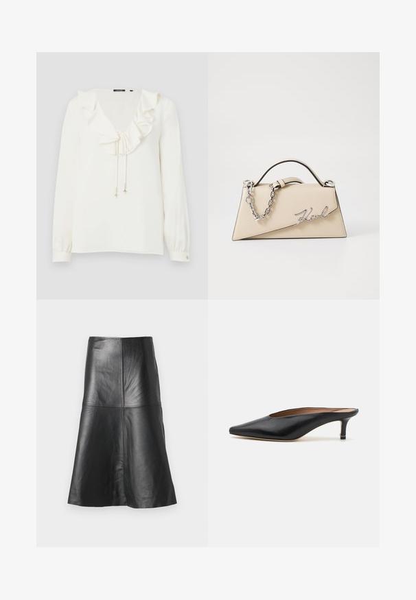 Biela blúzka s výstrihom do V, volánikovým golierom a šnúrkami so striebornými akcentmi; dlhé rukávy s gombíkovými manžetami. Mäkká textúra látky.; Čierna kožená sukňa A-line s detailmi švov a hladkou textúrou, zúžujúca sa smerom k spodnému okraju. Jednoduchý dizajn bez ďalších ozdôb.; Čierne kožené muly s špicatou špičkou a nízkym blokovým opätkom. Hladká textúra s elegantným dizajnom. Otvorená zadná časť s minimálnym detailom.; Béžová kožená kabelka so štruktúrovaným trojuholníkovým tvarom, s kovovým strieborným reťazovým uškom a zakriveným logom z kovu.