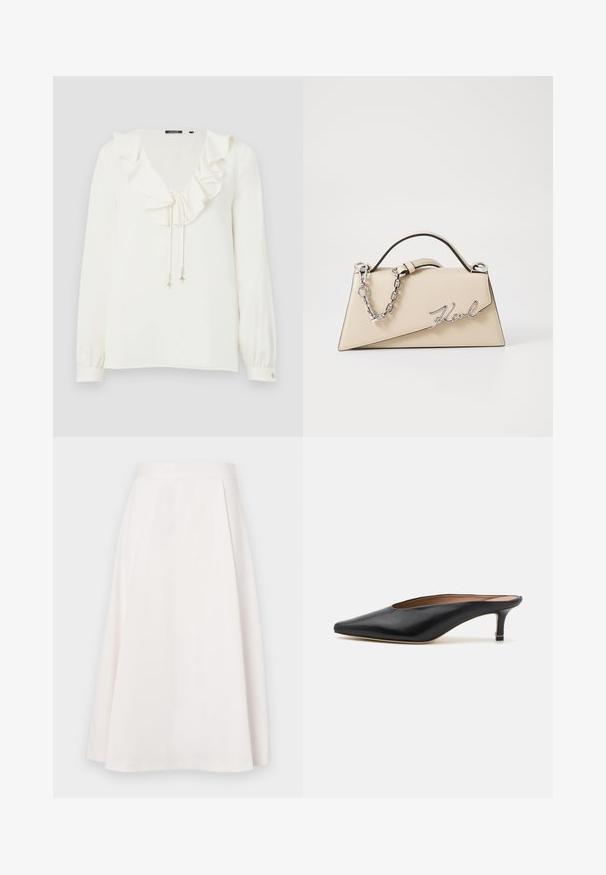 Bílá blůza s výstřihem do V, volánkovým límcem a stahovacími šňůrkami se stříbrnými akcenty; dlouhé rukávy s manžetami na knoflíky. Měkká textura tkaniny.; Sukně A-line v délce po kolena, bílá, vyrobená z hladké látky, s plochým pasem a jemnými sklady pro větší tvar a pohyb.; Černé kožené muly s špičatou špičkou a nízkým blokovým podpatkem. Hladká textura s elegantním designem. Otevřená zadní část s minimálními detaily.; Béžová kožená kabelka se strukturovaným trojúhelníkovým tvarem, se stříbrným řetízkem a kovovým logem psaným kurzívou.
