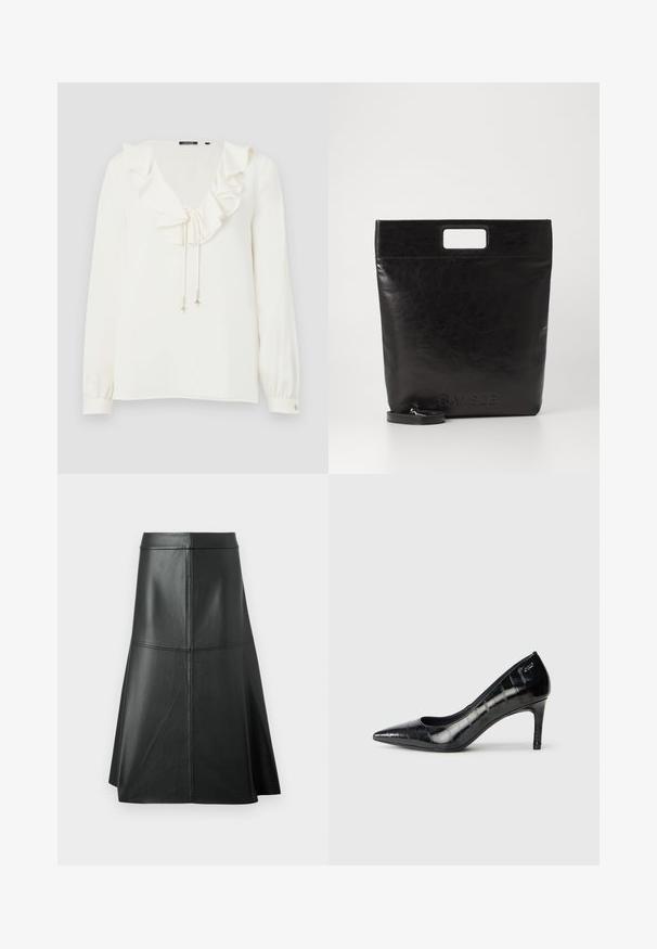 Blusa blanca con escote en V, cuello con Volantes y lazos con cordón con acentos plateados; mangas largas con puños abotonados. Textura de tela suave.; Falda de cuero negro en forma de A, con textura suave, longitud a mitad de la pantorrilla, presenta detalles de costura horizontal en la cintura y las costuras para mayor estructura.; Zapatos de tacón alto negros de punta afilada con un acabado brillante y un sutil patrón texturado. Cuentan con un tacón moderado y un diseño de escote abierto.; Bolsa tote de cuero negro con un asa cuadrada, que presenta un acabado texturizado y un logo en relieve. Incluye una correa desmontable.