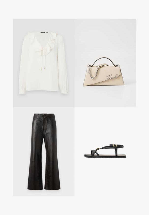 White blouse with a V-neck, ruffled collar, and drawstring ties with silver accents; long sleeves with buttoned cuffs. Soft fabric texture.; Black leather trousers with a wide leg design, flat front, and tied waist. Features detailed stitching and minimalist style.; Black leather sandals with thin straps and a buckled ankle strap. Flat sole with a textured finish and zigzag edge. Minimalist design.; Beige leather handbag with a structured, triangular shape, featuring a silver chain handle and a cursive logo in metal.