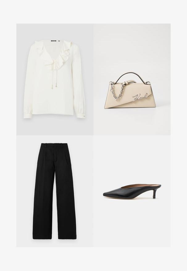 Balta blūze ar V veida kakla izgriezumu, volānu apkakli un savelkamiem auklu galiem ar sudraba akcentiem; garas piedurknes ar pogājamiem aprocēm. Maiga auduma tekstūra.; Melni platajā kāja bikses, kas izgatavotas no gludas, austas auduma. Iezīmes plakans priekšpuse ar divām krokām un jostas cilpām. Vienkāršs, tīrs dizains.; Melnas ādas mūlas ar norādītu pirkstu un zemu, bloku papēdi. Gluda tekstūra ar elegantu dizainu. Atvērta aizmugure ar minimālu detaļu skaitu.; Bežs ādas roku soma ar strukturētu, trīsstūrveida formu, piedāvā sudraba ķēdes rokturi un kursīva metāla logotipu.