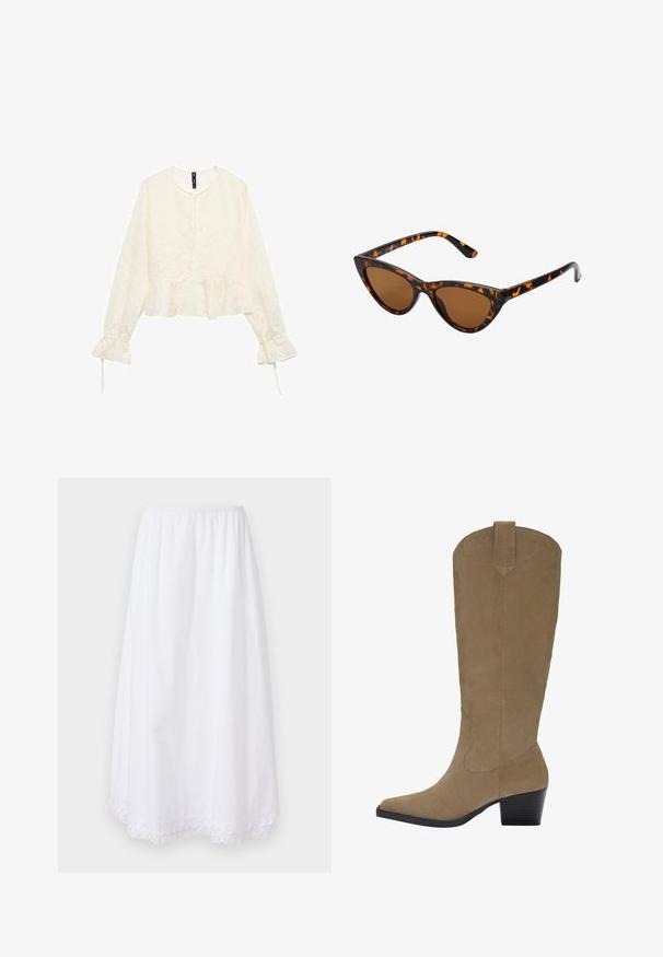 Kremno obarvana bluzka z dolgimi rokavi in peplum robom, z teksturiranim cvetličnim vzorcem in zavezovanjem pri ovratniku. Rokavi v obliki zvona z zavezovanjem.; Bela bombažna krila z elastičnim pasom in čipkastim robom na koncu, z obliko, ki se prosto spušča do kolen.; Biege suknje do kolen iz nubuk kože z ostrim nosom, nabranim peto in šivanim detajlom ob straneh. Gladka tekstura in strukturiran dizajn.; Mačje oči sončna očala z okvirom v črno-oranžni želvej ohišji, rjavimi lečami in elegantnimi, ostrimi konicami. Imajo minimalistični logo na ročaju.