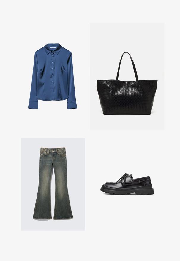 Granatowa satynowa koszula z długim rękawem, z kołnierzykiem, guziczkami z przodu i kieszeniami po bokach. Gładka tekstura i dopasowany krój.; Rozkloszowane dżinsy w wyblakłym niebieskim kolorze z klasycznym pięciokieszeniowym wzorem, z delikatną teksturą i widocznymi akcentami szwów.; Czarne skórzane buty żeglarskie z okrągłym noskiem, sznurowanym zapięciem, haftowanymi dodatkami oraz masywną gumową podeszwą z teksturowanym wzorem dla lepszej przyczepności.; Czarna pleciona torba na ramię z dwoma mocnymi uchwytami, charakteryzująca się błyszczącą powierzchnią i przestronnym otwartym topem.