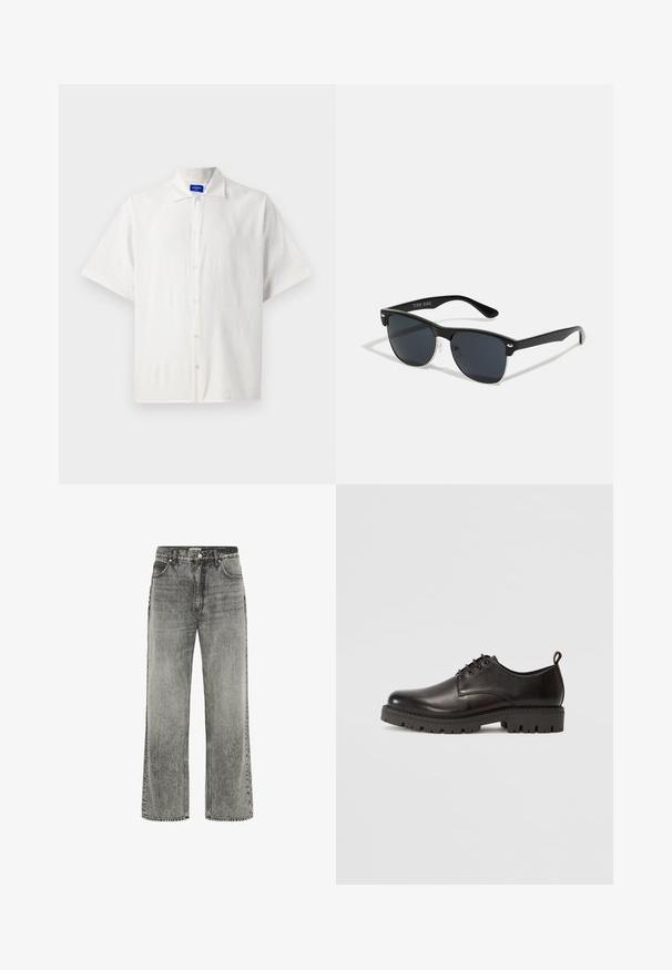 Lyhythihainen, valkoinen nappipaita, kevyt materiaali, jossa on klassinen kaulus ja hieno rakenne. Napit on sijoitettu tasaisesti.; Harmaat leveälahkeiset farkut, jotka on valmistettu haalistuneesta denimistä. Niissä on etutaskut, vyölenkit sekä vetoketjukiinnitys nappisulkimella.; Mustat nahkaiset nauhattomat kengät, joissa on sileä pinta, pyöreä kärki, paksu kumipohja, jossa on kuvio ja pieni kanta.; Mustat aurinkolasit, joilla on suorakulmainen muoto, tummat linssit, hopeiset yksityiskohdat temppeleissä ja matta pinta kehykset.