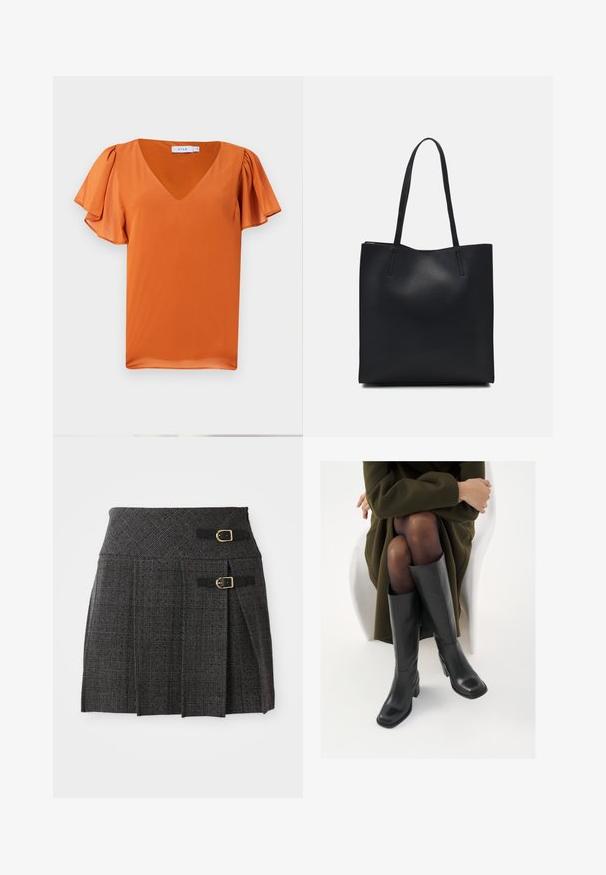 Korte mouwen top in fel oranje, met een v-hals en zacht gathered mouwen, gemaakt van een gladde stof met een lichte textuur.; Grijze geruite rok met een getailleerde taille, voorzien van dubbele gesps accents en plooien. Gemaakt van textuurstof met een geweven design.; Knieschijf hoge zwarte leren laarzen met een vierkante neus en blokhak, getoond met een model dat zit in een olijfgroene jas. Gladde textuur, minimale details.; Zwarte leren handtas met een gladde textuur, rechthoekige vorm en twee lange handvaten. Geen zichtbare hardware of versieringen.