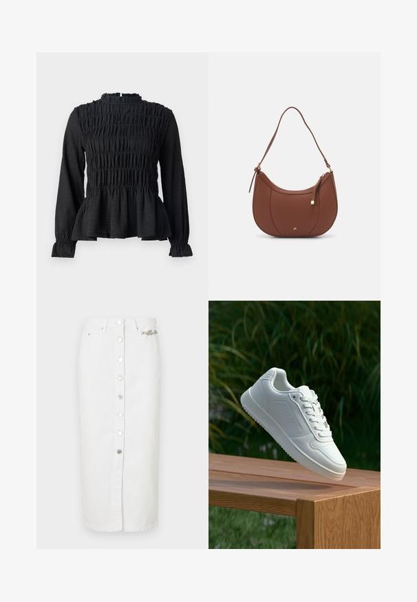 Black long-sleeve top featuring smocked detailing, high neck, and a flared peplum hem. Made from textured fabric with ruffled cuffs.; White denim skirt with front button closure, side pockets, and logo detail. Long length with a straight cut and smooth texture.; White sneaker with a smooth synthetic upper, perforated toe box, flat laces, and a textured sole, displayed on a wooden surface.; Brown faux leather shoulder bag with curved shape, minimal stitching, and a gold-tone hardware accent. Features a top zipper closure and adjustable strap.