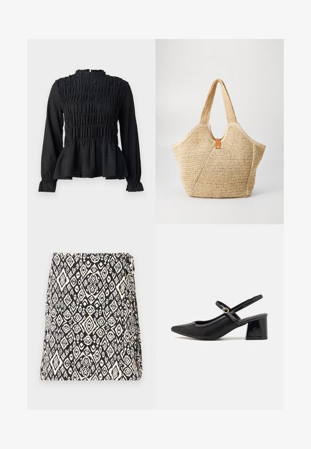 Zwart langemouwen top met gesmokt detail, hoge hals en een uitlopende peplumzoom. Gemaakt van een gestructureerde stof met gerimpelde manchetten.; Zwart-witte tas met een geometrisch diamantenpatroon, gemaakt van stof met een gestructureerde afwerking. Ontworpen met een klepopening.; Zwarte gepolijste leren slingback hakken met een spitse neus, een ronde uitsnede en een blokhak. Voorzien van een gouden gespaccent.; Grote stro tote bag met een getextureerde, beige buitenkant en twee brede handvatten. Beschikt over een leren accentriem voor sluiting.