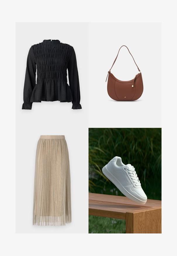 Juodas ilgomis rankovėmis viršus su susmulkinta detale, aukštu kaklu ir išplėsta peplumo apdaila. Pagamintas iš tekstūrinio audinio su raukšlėtomis rankogaliais.; Šviesiai bežinė plisuota midi sijonas su permatomu užklotu, turintis švelnų juosmenį ir subtilius metalinius akcentus audinyje.; Balti sneakeriai su lygia sintetine viršutine dalimi, perforuota pirštų zona, plokščiomis raištelėmis ir tekstūruotu padu, padėti ant medinės paviršiaus.; Ruda dirbtinės odos petinė piniginė su kreiva forma, minimalia siuvimo linija ir auksinės spalvos įranga. Yra užtrauktuko uždarymas viršuje ir reguliuojama petneša.