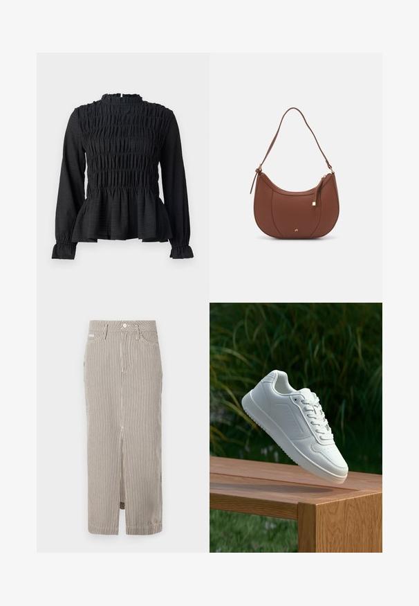 Black long-sleeve top featuring smocked detailing, high neck, and a flared peplum hem. Made from textured fabric with ruffled cuffs.; Striped midi skirt in light beige and dark brown, made of cotton, featuring a front slit, and belt loops. Classic design and tailored fit.; White sneaker with a smooth synthetic upper, perforated toe box, flat laces, and a textured sole, displayed on a wooden surface.; Brown faux leather shoulder bag with curved shape, minimal stitching, and a gold-tone hardware accent. Features a top zipper closure and adjustable strap.
