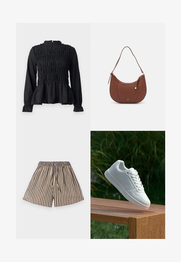 Fekete, hosszú ujjú felső, fodros részletekkel, magas nyakkal és fodros peplum aljjal. Strukturált anyagból készült, fodros mandzsettákkal.; Csíkos sort, gumis derékkal, bézs és tengerészkék függőleges csíkokkal. Puha anyag, laza fazon, elöl kötődik.; Fehér sportcipő sima szintetikus felsőrésszel, perforált lábujjrész, lapos fűzőkkel és texturált talppal, fából készült felületen kihelyezve.; Barna műbőr válltáska ívelt formával, minimális varrással és arany színű kiegészítőkkel. Jellemzője a felső cipzáras záródás és állítható pánt.