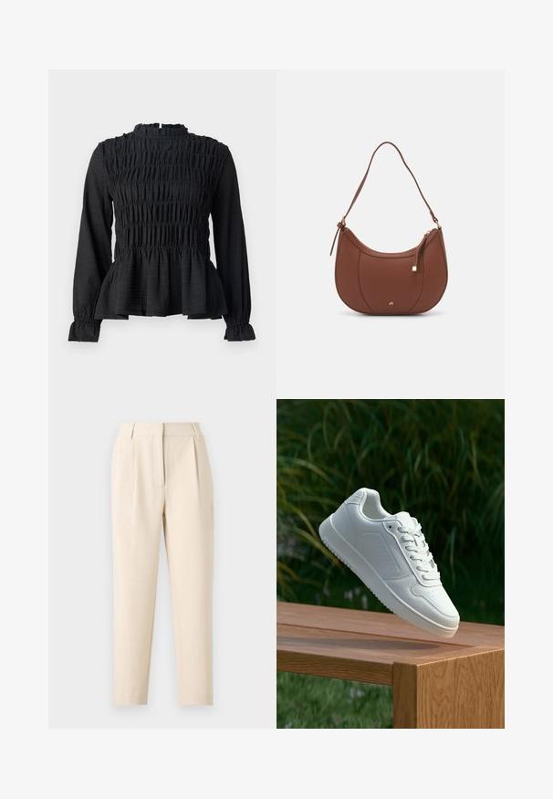 Čierny top s dlhým rukávom a smocked detailami, vysokým golierom a rozšíreným peplum lemom. Vyrobený z textúrovaného materiálu s volánovými manžetami.; Bežové nohavice s rovný strih, s plisovaním vpredu a hladkým povrchom. Materiál pôsobí ľahko a textúrovane.; Biele tenisky s hladkým syntetickým zvrškom, perforovanou špičkou, plochými šnúrkami a textúrovanou podrážkou, vystavené na drevenej ploche.; Hnedá umelá kožená taška cez rameno s zakriveným tvarom, minimalistickým šitím a zlatými akcentami. Obsahuje zips na vrchu a nastaviteľný popruh.