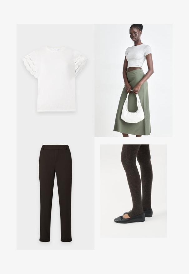 Hvit T-skjorte med korte, bølgede ermer med utklipte øyelet. Mykt stoff, rund hals og enkelt design uten tilleggselementer.; Sorte slim-fit bukser med bæltestropper og manchetter mod en ensfarvet hvid baggrund.; Sorte flate sko med en liten sløyfedetalj på tåen, kombinert med mørkebrune ribbede strømpebukser. Skoene har en glatt overflate og lav profil.; Grå ribbet topp og olivengrønn høy midje skjørt. Modellen holder en hvit skulderveske med utskjæringsdetaljer. Enkelt design, tettsittende silhuett.